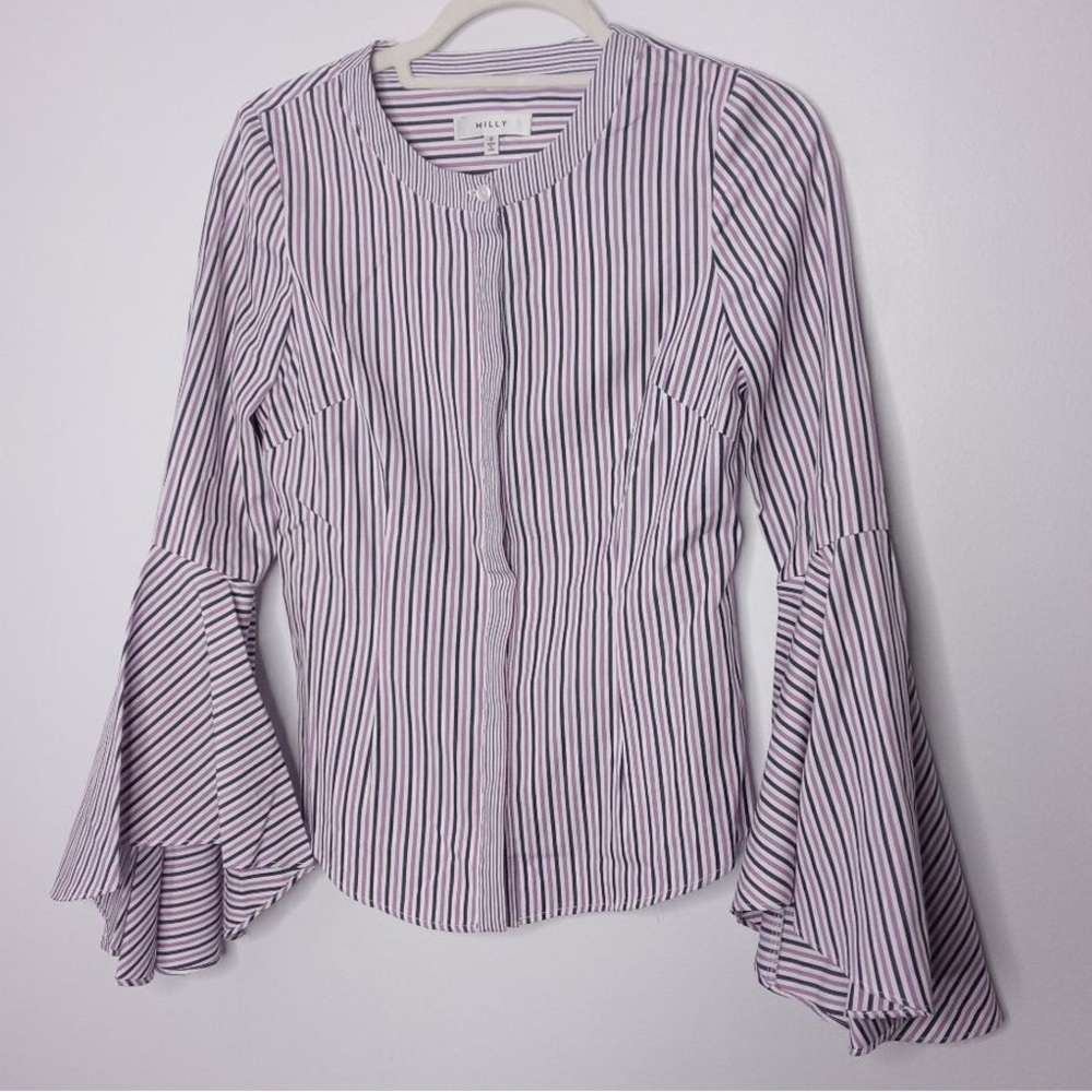 Milly Navy and White Striped Flare Sleeve Blouse
